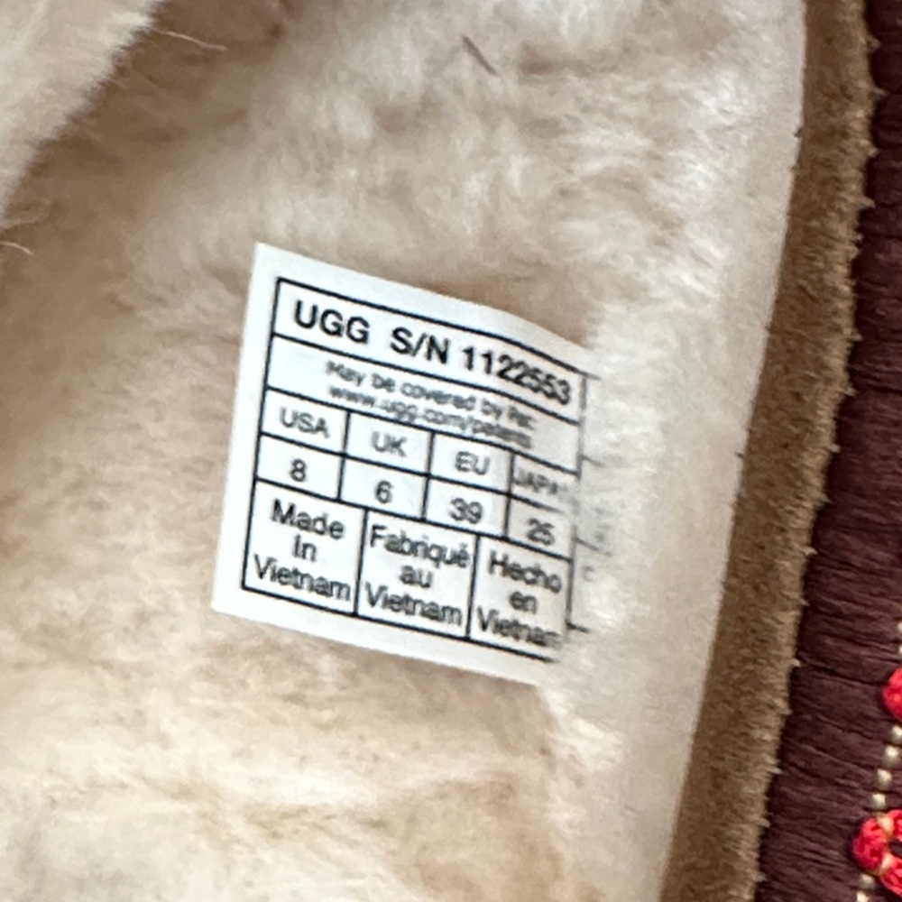 women UGG Tazz Brown Suede Slip-Ons with Red Trim sz 8 - Picture 4 of 7